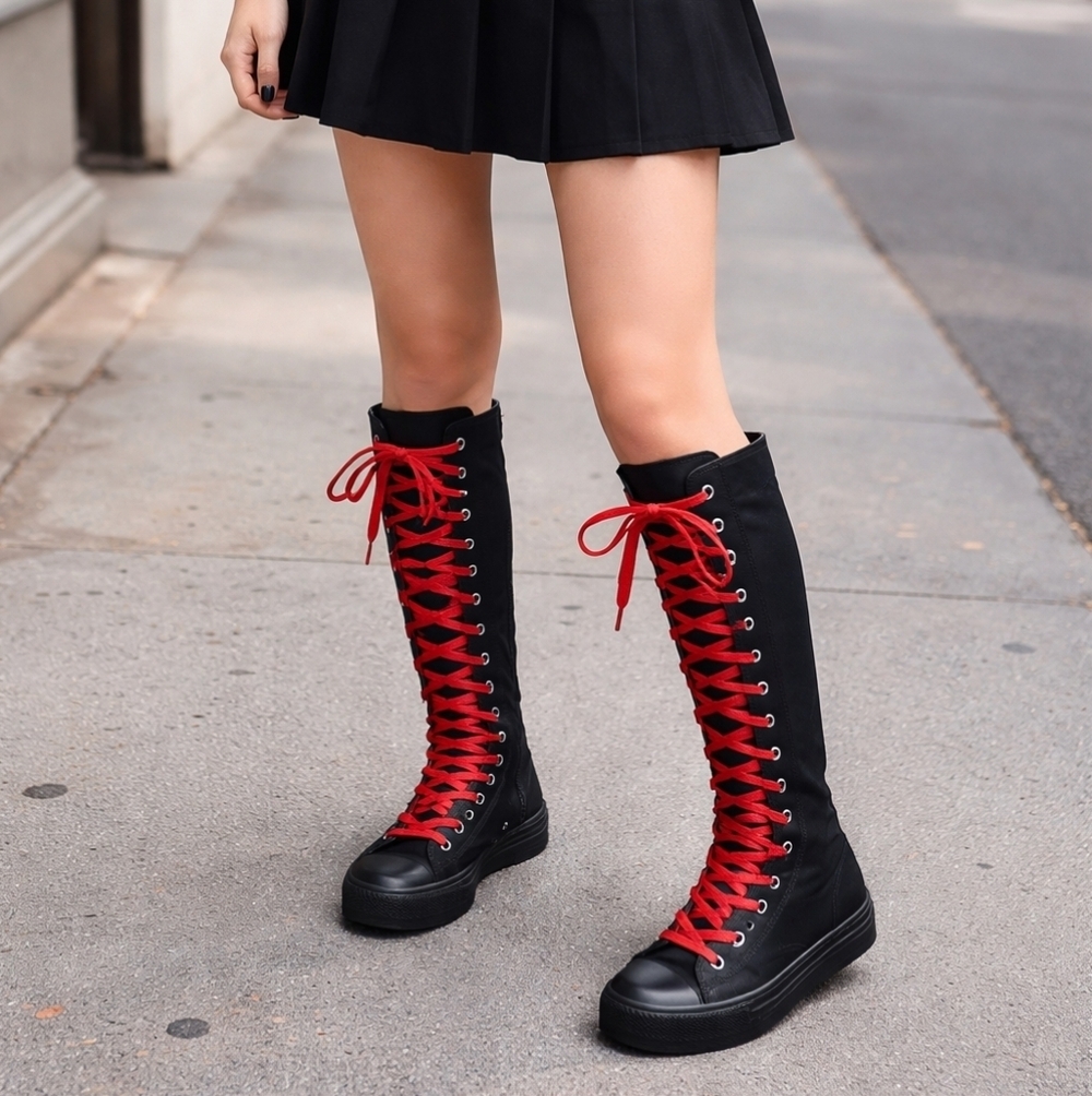 Y2K Black Knee-High Converse Sneakers Women’s Size 8 – Bold Red Laces, Retro Y2K - Picture 4 of 16